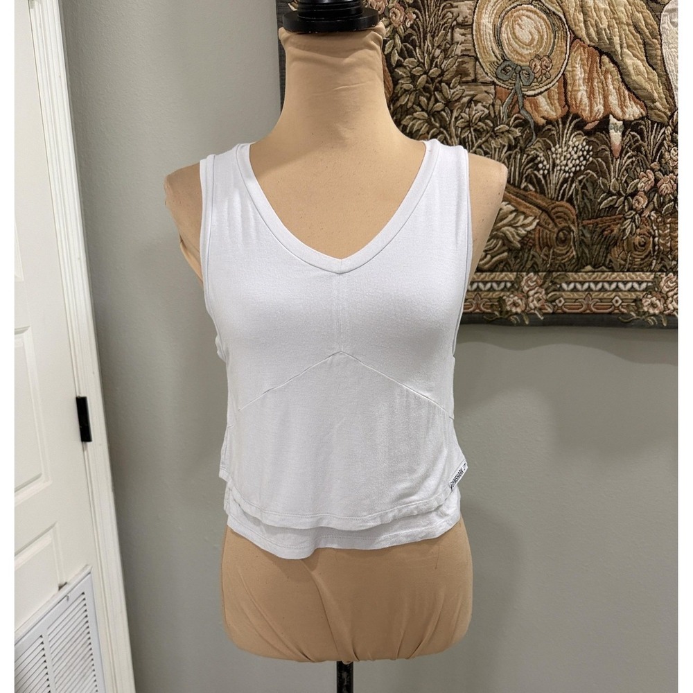 Gymshark Tank Top Womens XS White Cropped V Neck Layered Hem Athletic Gym